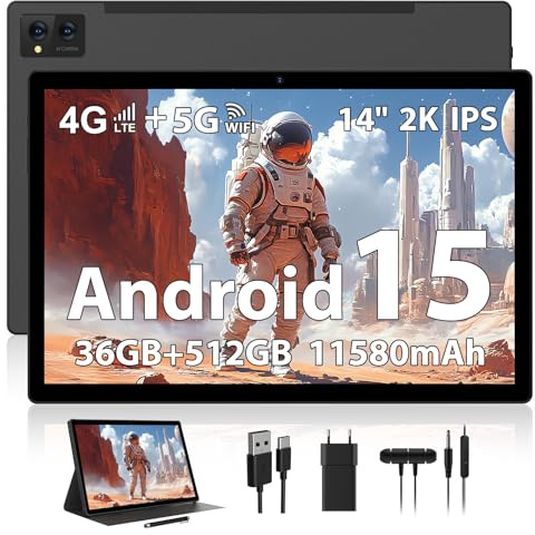 WOREGOO 14 Pouces Tablette Android 15, Tablette Tactile 5G WiFi et 4G LTE, 36GB RAM + 512GB ROM(1TB TF), Octa-Core/2000 * 1200FHD 2K/BT5.0/13MP+8MP/11580mAh/GPS/GMS avec étui et Stylet, Noir