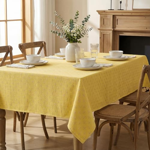 Artoid Mode Tovaglia rettangolare in cotone giallo boho, 140 x 220 cm, ricamo a croce, tinta unita, lavabile, biancheria da tavola, cucina, vacanze, feste, decorazione