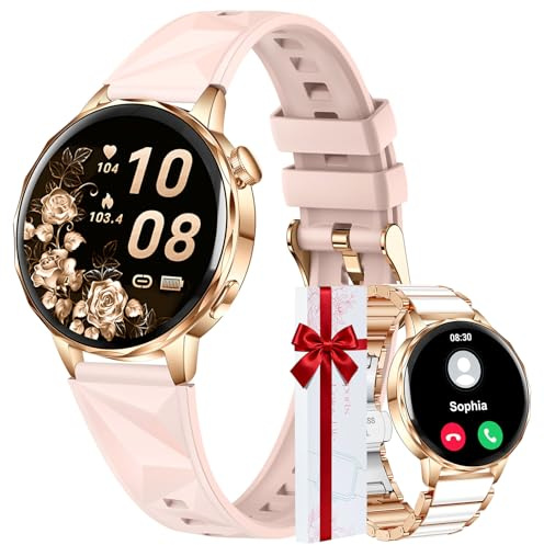 CIVO Smartwatch Damen Fitness Tracker: Bluetooth Anrufe Sport Schrittzähler Fitnessuhr Kompatibel iOS Android - Roségold Keramikarmband Silikonarmband für Frauen Workout & Alltag