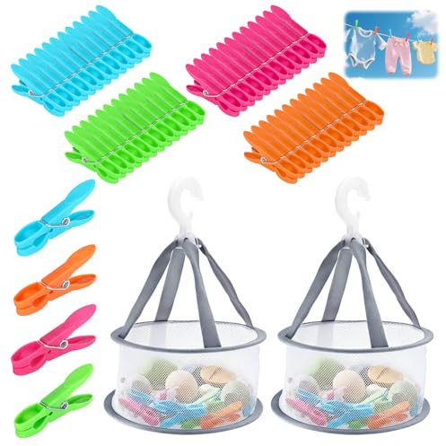 Staranry 48 Piezas Pinzas Ropa Fuertes con 2 Cesta, Colores Cesta para Pinzas De Ropa, Antideslizantes y Resistentes Al Viento, Cesto para Ropa, Calcetines, Toallas