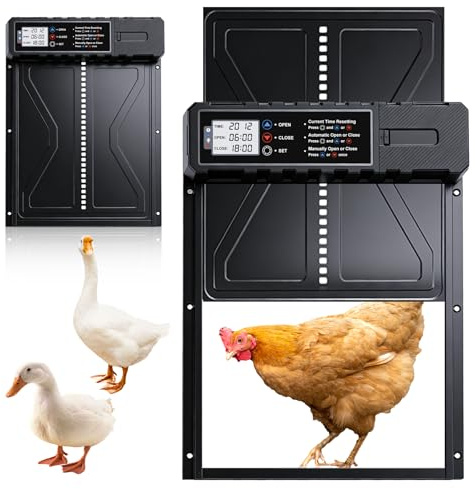 Automatische Hühnerklappe Batterie, Größe Aluminum Hühnerklappe Elektrische Hühnertür mit Display+Timer+Intelligenter Einklemmschutz Manuelle Modus, Batteriebetrieben (Batterien Nicht enthalten)