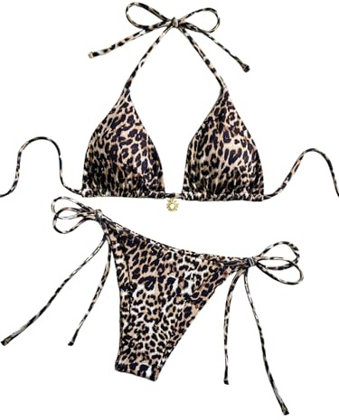 GORGLITTER Triangel Bikini Leopardenmuster Damen Sexy Neckholder Bikini Mit Leo Print Badeanzug Brazilian Style Bademode Swimsuit
