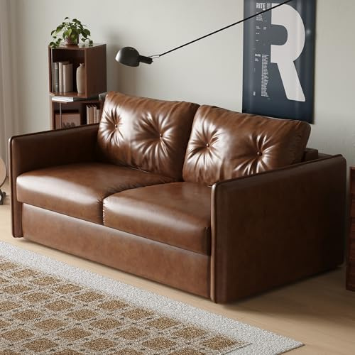 NessCarsti 63 Faux Leather Convertible Sofa Bed, Pull-Out Loveseat Futon with Metal Frame and High-Density Foam, Space-Saving Sleeper Couch for Living Room, Bedroom, or Apartment, Brown