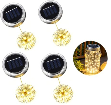 Pnoyws 4PCS Solar Bottle Lights, Solar Light Replacement Parts, Mason Jar Lids with 20 LED String Lights for Outdoor Garden Balcony Seasonal Decorations