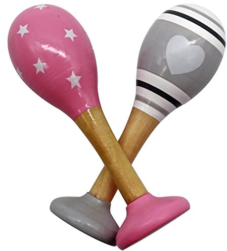 PREMYO Rassel Baby Musik Spielzeug - Holzspielzeug Maracas Babyspielzeug - Herz Sterne Rosa Grau
