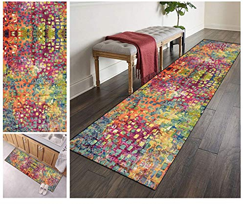 ZVEZVI Teppich Läufer Flur Küche rutschfest Waschbar Rosa Bunt 80X250CM Vintage Meterware, Teppichläufer Kücheläufer Polyester Anpassbar