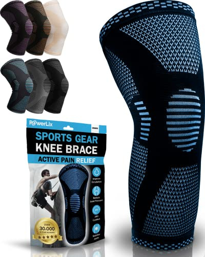 POWERLIX Supporto per Ginocchio da Uomo/Donna, Ginocchiera, Fascia a Compressione, Supporto per Artrite, Dolore alle Articolazioni, Lesioni dei Legamenti, Rottura del Menisco, Tendinite, Azzurro, M