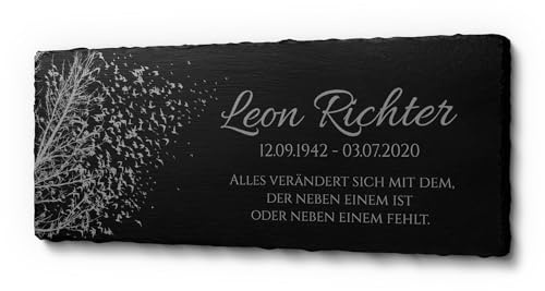 CHRISCK design Schöne Grabtafel in 25 x 10 cm | Grabstein mit personalisierter Gravur für Menschen aus Schiefer | Gedenkstein frei gestaltbar mit Texten