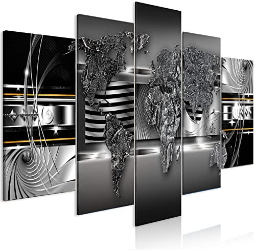 B&D XXL - Wandbilder XXL Weltkarte 200x100cm 5 tlg - Wand Deko Leinwand Bilder Groß Wanddeko Wohnzimmer Schlafzimmer Kunstdrucke - Abstrakt Ornament Kontinente silber schwarz
