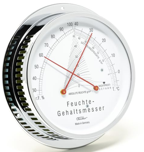 Fischer 5023-47, Klimamesser für Innen, Messing, Thermohygrometer | Haar-Hygrometer und Bimetall-Thermometer, Messbereich 30-100 % r. F. und -10-40 °C, 155mm Durchmesser, Made in Germany