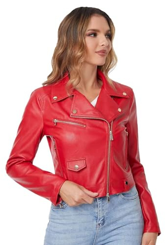 DIASHINY DASHINY Chaqueta de cuero de imitación recortada roja para mujer PU Slim Zip Up Moto Biker Coat Motocicleta Crop Short Jacket 013 M