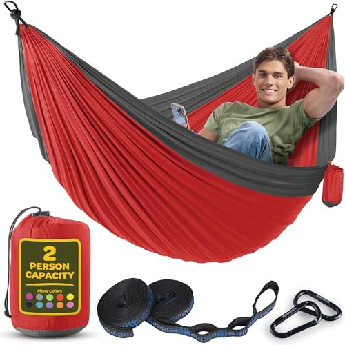 Hållbar hängmatta 226 kg kapacitet – lätt nylon camping hängmatta stol – dubbla eller enkla storlekar med trädremmar och bifogad bärväska – bärbar för resor/backpacking/strand/bakgård (L, röd)