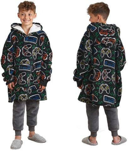 Dreamscene Gaming Oversized Hoodie Blanket, Gifts for Boys Sweatshirt Soft Sherpa Fleece Throw Cosy Wearable Hooded Blanket Big Jumper - Black, One Size Fits All - Kids