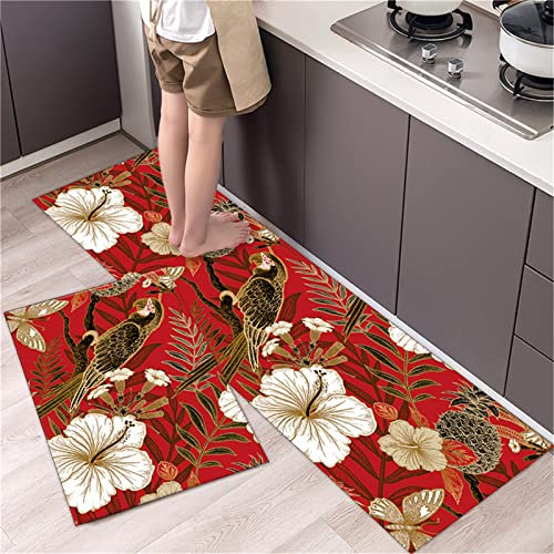 Küchenläufer 2-Teilige Set Anti-Müdigkeit Küchenteppich Rutschfest Küchenmatten Waschbar Teppich Läufer Küche Stehmatte für Flur,Schlafzimmer,Wohnzimmer,Badezimmer (Retro roter Vogel,40x60cm+40x120cm)