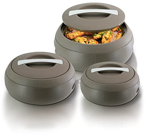 Jaypee Insulated Casserole Dishes | Serving Dishes With Lid | Stainless Steel Inner | Keep Food Warm | Thermal Food Container | Hot Pot | Set of 3-2L, 3L, 5L -By Nyra (Brown)