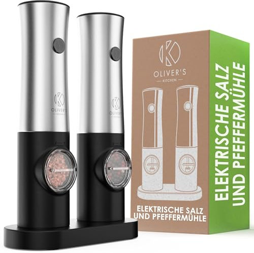 Set Macinapepe e Macinasale Elettrico USB Oliver's Kitchen ® - Niente pile – Ricaricabile – Stazione di Ricarica USB-C – Facile Funzionamento con un Solo Pulsante – Regolabile – Con Luce a LED