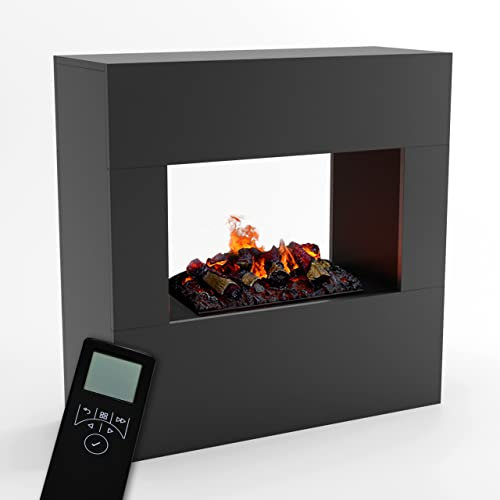 GLOW FIRE Wasserdampf Kamin Goethe (Standkamin) - Elektrokamin mit realistischen LED 3D-Flammen, Knistereffekt & Fernbedienung, 100x100x38 cm - Opti-Myst 500 Elektro Kamin mit Holz-Deko, Grau
