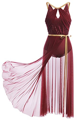 FYMNSI Damen Lyrisch Tanzkleid Ballettkleid ?rmellos Pailletten Trikot Mit Wickelrock Maxikleid T?ll Langes Trikotkleid Modern Contemporary Tanzkost?me Turnanzug B?hnenanzug Kost?m Weinrot S