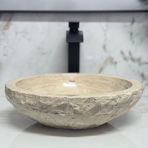 Shades of Nature Round Bowl Travertine Vessel Sink, Natural Stone Wash Basin, Hand-Carved Bathroom Sink, Chiseled Exterior, Polished Interior, Above Counter Vanity (Soap Tray Included)