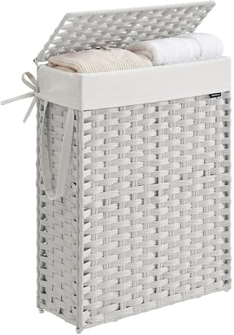 SONGMICS Slim Laundry Basket, 55L Synthetic Rattan Storage Basket with Lid and Handles, Wicker, Foldable, Removable Liners, for Blankets, Clothes, Laundry Room, Cloud White LCB164W01
