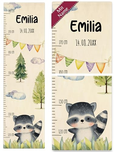 Messlatte Kind Holz - Niedlicher Waschbär Waschbären Kindermotiv Süßes Waschbärenmotiv Raccoon mit Namen und Datum - 120-180 cm - Holz - für kinder waschbar baby mädchen