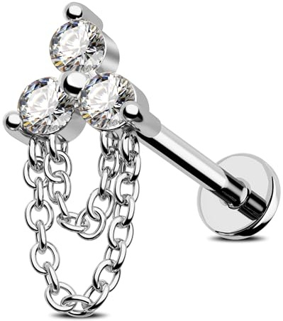 Jewseen G23 Titan Flache Rückseite Ohrringe Dangle Knorpel Ohrring Kette Helix Ohrringe CZ Nase Stud Intern Gewinde Lippenringe Conch Stud
