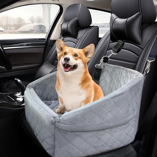 Whemyreat Faltbare Hundesitz für kleine bis mittlere Hunde bis zu 35 lbs, abnehmbare und waschbare Haustier Autositze mit Dicker Kissen-Sicherheitsleine (Grau, 56 x 55 x 32 cm)
