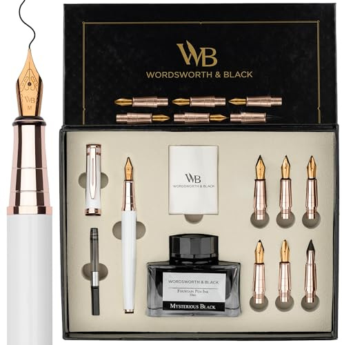 Wordsworth & Black Presentset För Kalligrafipennor, Innehåller Bläckflaska, 6 Bläckpatroner, Påfyllningskonverter, 6 Reservspetsar, Journalföring, Mjuka Skrivpennor [Vit Roséguld]