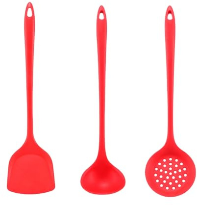 Utensilios Cocina de Silicona, Juego de 3 Espátula, Cucharones de Servir, Espumadera, Antiadherentes Resistente al Calor, Cucharas Drenaje, Espátula de Silicona para Servir, Hornear, Recoger (Rojo)