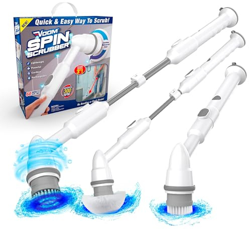 Voom Electric Spin Scrubber, Cordless Shower Spin Brush with 2 Interchangeable Brush Heads & Adjustable Handle, Rechargeable Spin Brush for Cleaning Bathroom Tub, Floor &