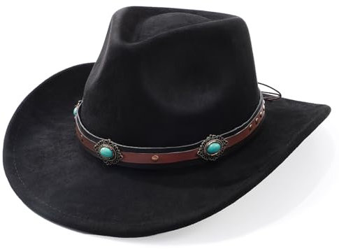 SANSTHS Cowboyhüte für Herren und Damen, Cowgirl-Hut, breite Krempe, Filzhut, Western-Leder, Cowboyhüte für Liebhaber, Grüne Perlen, schwarz, Einheitsgr��e