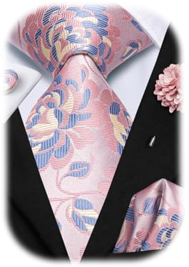 Hi-Tie Mens Pink Floral Tie Set and Pocket Square Set Silk Formal Necktie and Lapel Pin Set for Wedding Business