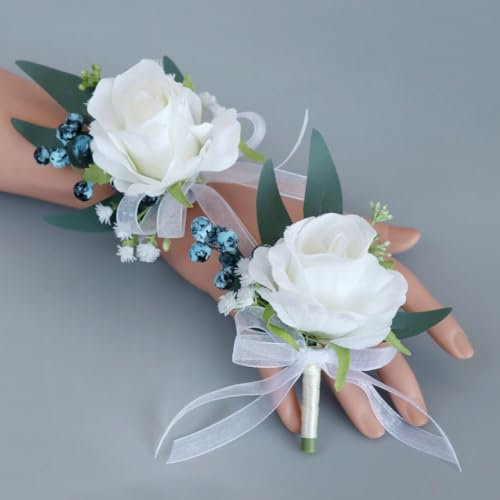 Ansteckblume und Handgelenk-Ansteckblume für Herren, Ansteckblume für Braut, Brautjungfer, Handgelenk, Ansteckblume für Hochzeit, Party, Abschlussball, Heimkehr (Weiß-Blau)