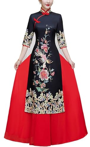 SXTYYH Costume Deux PièCes Traditionnel Robe Vietnamienne Ao Dai for Femmes Vintage Robe Cheongsam Mode Qipao Robe Chinoise(4XL,Noir)