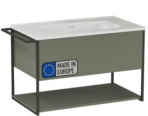 BadeDu Duna Waschtisch mit Unterschrank – 80 cm breit, Keramikwaschbecken in weiß mit Waschbeckenunterschrank in Grün, 2 Schubladen in skandinavischen Design