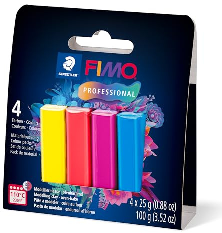 STAEDTLER FIMO 8043 True Colours Set – 4 x 25 g, ofenhärtend | Ofenhärtend in Reingelb, Rot, Blau & Grün – formstabil, für Künstler – Art.-Nr. 8043-S1