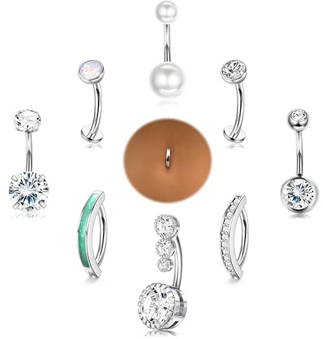 Chriscoco Piercing Ombligo 9 Piezas Acero Quirúrgico Oro/Plata, 14G Tous, Embarazada, CZ Clicker