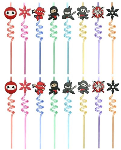 OAOSDH 16 Piezas Ninja Temed Pajes, Pajitas Divertidas, Pajitas De Diseño Creativo, Pajitas para Niños, Pajitas Reutilizables.