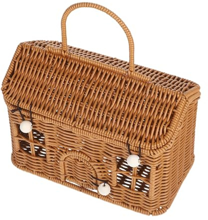 HANABASS House-Shaped Storage Basket with Lid, Brown PP Woven with Handle
