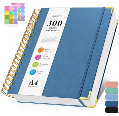 Diagram pappersanteckningsbok, spiral rutnät anteckningsbok 8,5 tum x 11 tum, inbunden läderjournal 300 sidor, 100 GSM tjockt rutnät pappersanteckningsbok, stor A5 grafikanteckningsbok dagbok för