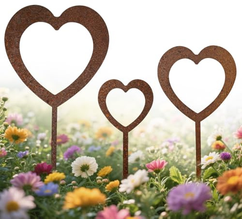 Esshogo 3er Set Herzen Stecker Gartendeko, Rost Gartenstecker Herz, Gartendeko Gartenstecker, Stahl Rost Edelrost wetterfest, Garten Beet Roststecker Blumenstecker