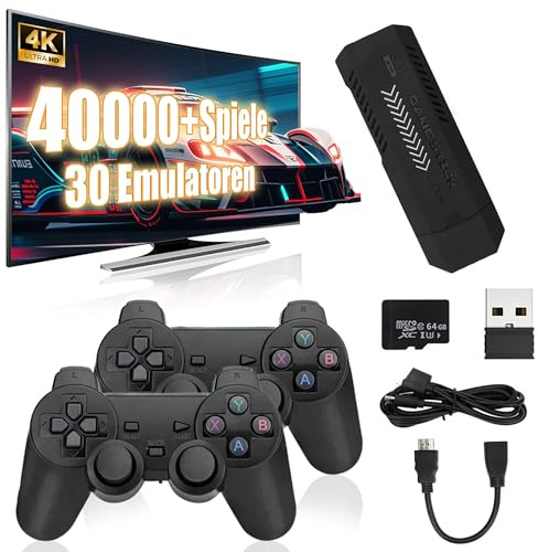 X2 Plus Retro Game Stick 4K, Video Emulator Spielkonsole mit 64G Speicherplatz 40000+ Spieleklassiker 30+ Emulatorens, Plug & Play mit 2 x 2.4G Wireless Controllern für Bildschirme
