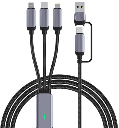100W 5-in-1 Multi Charging Cable, 1.8M/6Ft USB Nylon Braided Sync Charger Cord with Micro USB Type C Lightning Connector Supports 2.4A Fast Charging for Android/iPhone/iOS/Samsung/Huawei