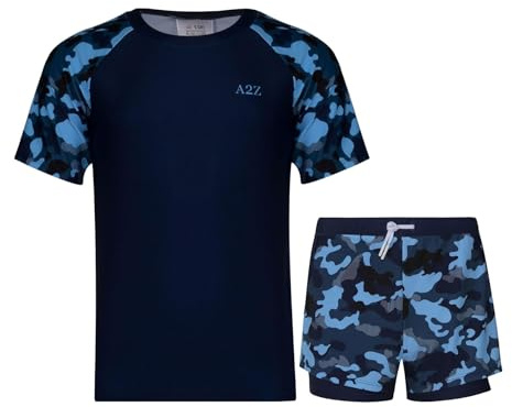 A2Z 4 Kids Girls Boys Two Piece Swimming Costume Rash Guard Top & Swim Shorts Set - SW Swimsuit 899 Camo Blue 13-14