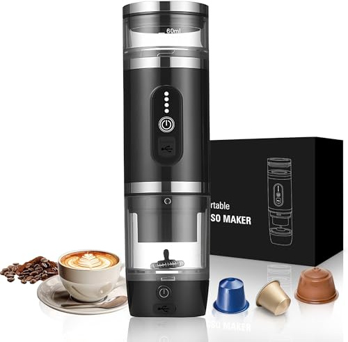 Bostar Machine à café portable avec mousseur à lait 3 en 1, machine à expresso électrique rechargeable pour capsules petites ou grandes et café moulu pour bureau, voyage, camping, noir