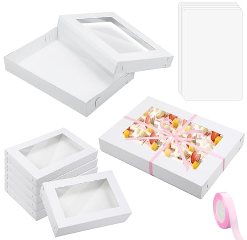 Chivertion 5 Set Heavy Duty Corrugated Full Sheet Window Cake Box 26x18x4 Inch with Cake Board and Pink Satin Ribbon Large Rectangle Bakery Boxes with Window White Bakery Boxes for Packaging Cupcake