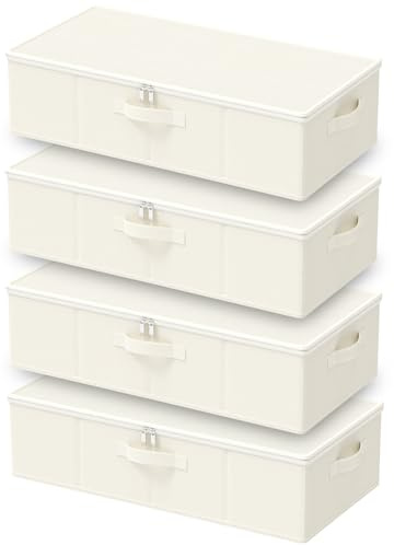 GUOHNHE 4 Pack Caja de Almacenaje Robusto Bajo la Cama, 60x30x15 cm, Beige | Caja Organizador para Dormitorio, Sala de Estar, Plegable Organizador de Armario para Ropa, Tela Duradera Lavable