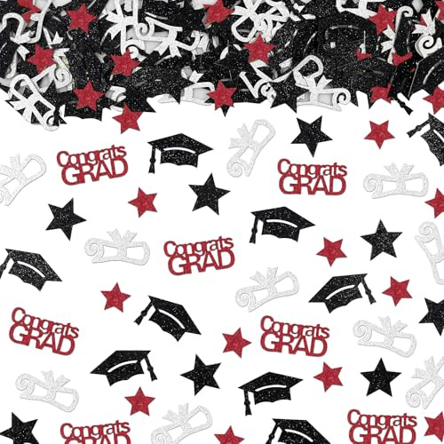 Gybeizhu 200PCS Glitter Graduation Confetti Class of 2026, Black and Red Graduation Decorations, Grad Cap Star Congrats Grad Diploma Table Scatter for Grad Party Decorations 2026.