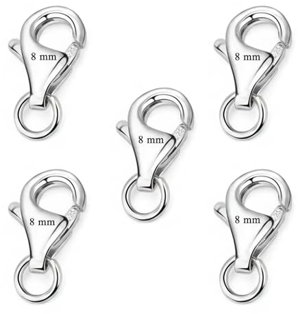 Cierres de Plata de Ley 925 para Joyería, Mosquetones Tipo Langosta y Redondos con resorte, 8mm 10mm 12mm, Pack de 5 o 10 Unidades (5, Langosta 8 mm)