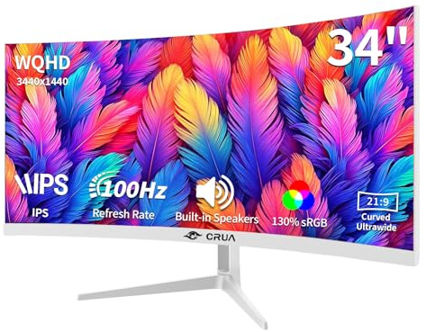 CRUA 34 Inch Curved Gaming Monitor with 100Hz Refresh Rate, IPS Panel, Built-in Speakers,3800R Curvature, HDR10, FreeSync, 21:9 Ultrawide - White